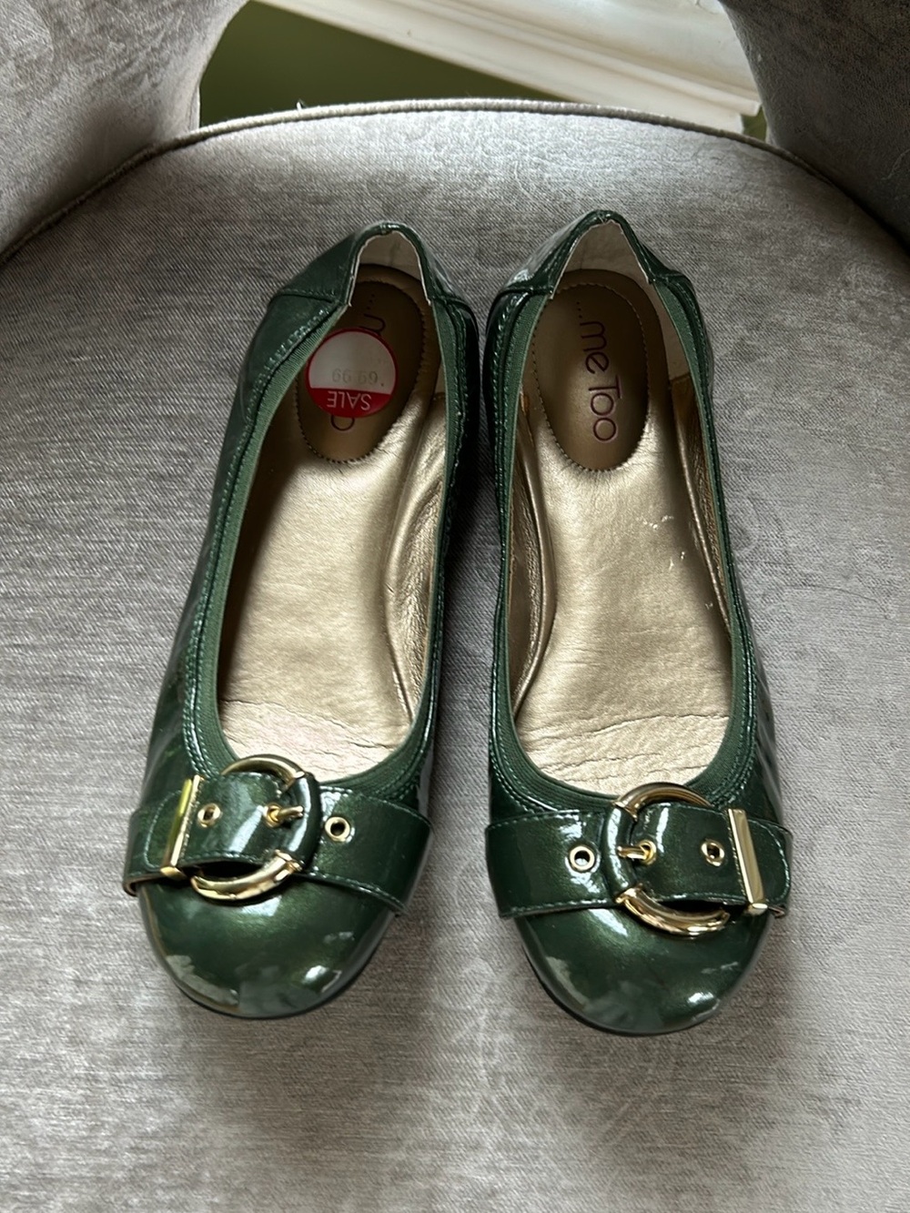 Dark Green Patent Ballet Flats with Gold Buckle